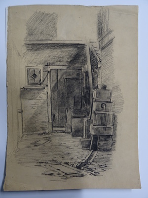 2001-0033-HHI a.jpg; 2001-0033-HHI; Tekening van een deur met waterpomp.; tekeningen